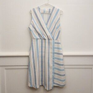 SheFly Blue White Striped Linen Dress Size 40 M Sleeveless Wrap Bodice Summer